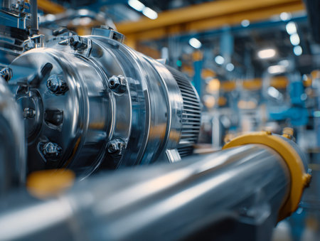 A close-up of polished stainless steel components with interconnected pipes and precise bolts,...