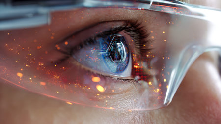 A close-up of a person's eye mirrored in sleek augmented reality eyewear, revealing vibrant data...