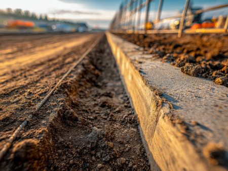 Morning sunlight bathes a construction base featuring exposed steel grids and recent concrete borders, capturing the early stages of building development.の写真素材