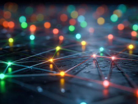 Vibrant neon points connect across a sleek, shadowy circuitry terrain, illustrating cutting-edge...