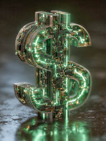 A luminous green digital currency icon crafted from a clear, glass-like substance, softly glowing and reflected on a sleek surface, embodied innovation in finance aの写真素材