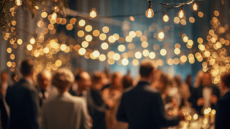 Guests enjoy lively conversations amid soft, amber illumination from hanging string lights, setting a cozy yet sophisticated mood at an upscale social event.の写真素材
