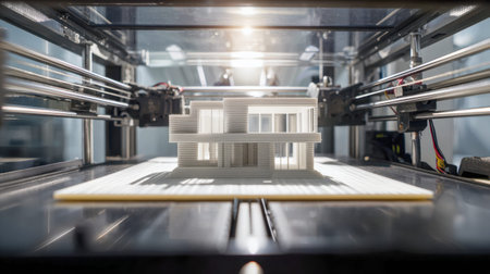 A sleek, contemporary house prototype emerges layer by layer on a high-tech 3d printing device,...