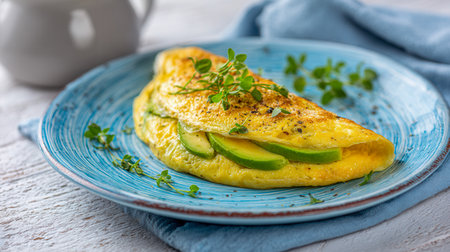 A soft, golden omelet filled with vibrant avocado slices, topped with fresh herbs, presenting a wholesome breakfast on a charming blue ceramic dish.の写真素材