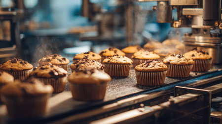 Warm, chocolate-chip-studded muffins glide along a busy factory line, their golden crusts promising indulgence in a high-volume bakery setting.の写真素材