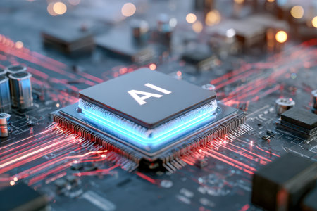 A sleek, high-tech microcircuit illuminated with vibrant neon lines, representing cutting-edge AI-driven solutions shaping tomorrow's digital landscape.の写真素材