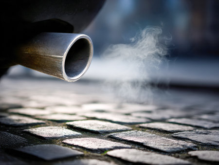 A vehicle's exhaust vent emits thick, white fumes that drift upward over uneven cobblestones, highlighting urban pollution and environmental impact.の写真素材