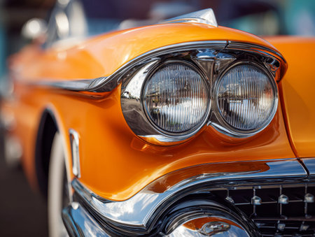 A striking retro automobile in fiery orange features iconic twin circular lamps and glaming chrome...