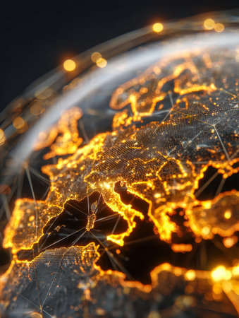 A luminous digital representation of Europe showcasing complex connectivity patterns and vibrant...