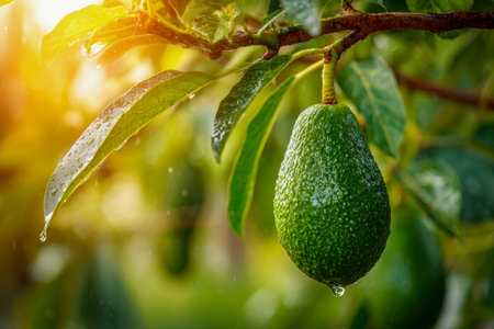 A lush green avocado dangles from a branch, shimmering with dew as gentle morning rays cast a golden...