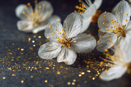 Elegant white flowers adorned with shimmering golden pollen rest on a dark, textured backdrop, evoking a refined and artistic floral harmony.の写真素材