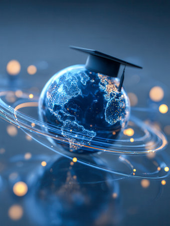 A glowing digital earth showcasing urban illumination, topped with a graduation cap, representing worldwide learning, connectivity, and shared wisdom.の写真素材