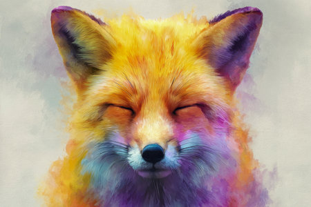 A lively, expressive fox depicted in a delicate painterly manner, harmonizing rich hues of warmth and coolness with its eyes peacefully shut on a subtle backdrop.の写真素材