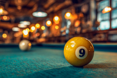 A vibrant yellow nine-ball rests sharply against a lush green felt, illuminated by inviting amber...
