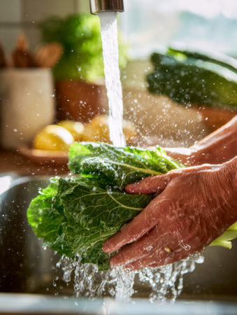 Bright sunlight streams into the kitchen, illuminating crisp green lettuce being rinsed in a sink, with sparkling water droplets dancing around the leaves.の写真素材
