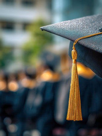 A close-up shot captures a student's mortarboard with a shimmering golden tassel gently swaying, set against a vibrant outdoor scene of jubilant graduates celebratinの写真素材