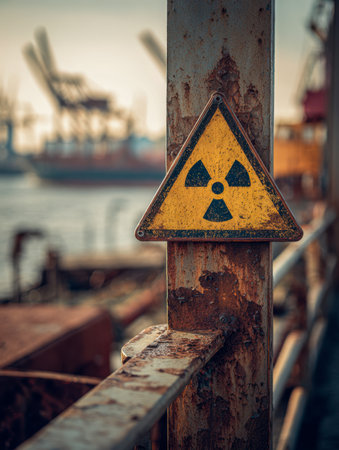 A weathered metal pole bears a peeling yellow warning label about radioactive danger, set against the backdrop of an industrial harbor with out-of-focus cranes at duの写真素材