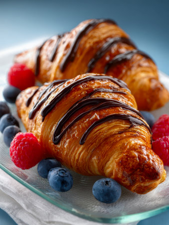 Crispy, buttery croissants topped with glossy chocolate drizzle rest on a clear glass dish, complemented by vibrant blueberries and raspberries for a sweet morning iの写真素材