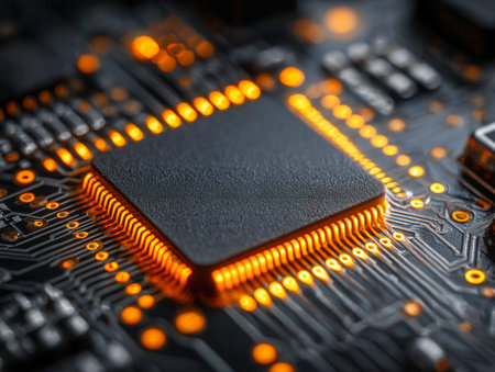 A sleek black circuit board featuring a luminous microchip radiating vivid orange hues, emphasizing...