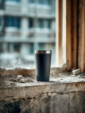 A sleek black insulated bottle with a metal rim rests on a weathered windowsill, surrounded by dust and aged wood, overlooking a busy cityscape blurred beyond.の写真素材