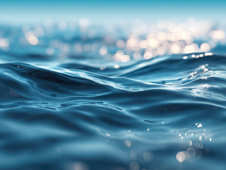 Soft ripples glisten under bright rays, casting shimmering patterns across placid waters beneath a pristine, cloudless sky, evoking peace and natural harmony.の写真素材