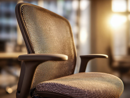 A sleek, supportive mesh chair with cushioned armrests sits bathed in gentle daylight, highlighting...