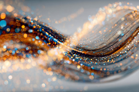 Swirling ribbons of luminous particles in contrasting hues weave through a vivid backdrop, enhanced by shimmering reflections and a soft bokeh glow, exuding energy aの写真素材