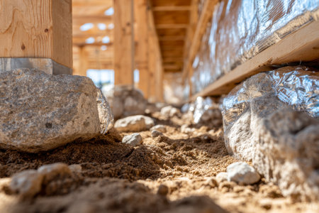 A close-up perspective reveals earthy textures and scattered stones beneath supporting timber beams, accented by shiny reflective layers on a bright construction dayの写真素材