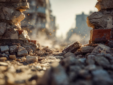 Debris and fractured stones litter the terrain, visible through a jagged opening in a toppled wall, with distant city structures softly blurred behind.の写真素材