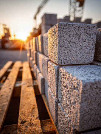 Warm sunset illuminates rough-hewn stone blocks organized on a wooden platform, with towering cranes and emerging buildings shaping the bustling construction horizonの写真素材