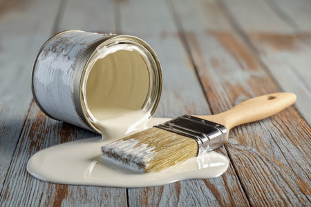 A messy splash of white paint stretches across a warm wooden surface, with a brush nearby, hinting at a recent creative home makeover effort.の写真素材