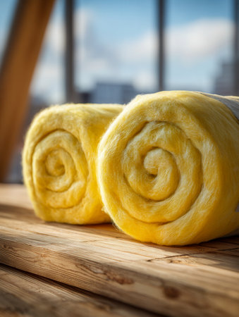 Bright sunlight streams through a window, illuminating two yellow fiberglass batt rolls atop rustic wooden planks, with a cityscape softly fading in the background.の写真素材