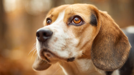 A lively beagle with soulful eyes surveys its surroundings amidst autumn's golden hues, evoking curiosity and gentle wonder in a softly blurred outdoor landscape.の写真素材