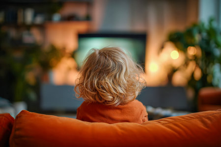 A cheerful young child with golden curls relaxes on an orange sofa, captivated by the TV in a snug, softly illuminated living space filled with homey details.の写真素材