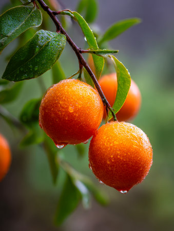 Lush green foliage supports an abundant cluster of colorful citrus, glistening with tiny droplets that mirror a recent gentle rain in a serene garden scene.の写真素材