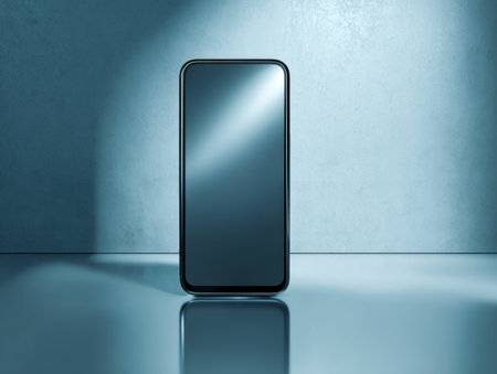 A sleek, contemporary device with a glossy display rests on a smooth surface, set against a textured blue backdrop, embodying minimalist elegance and technological sの写真素材