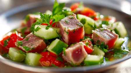 A vibrant, healthy dish featuring flaky tuna combined with crisp cucumber, juicy cherry tomatoes, and fresh parsley, all drizzled in a delicate, tangy dressing inの写真素材
