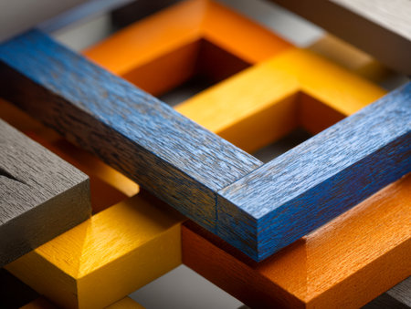 An artistic assembly of layered wooden frames in bold blue, warm orange, and rustic natural hues, highlighting intricate grain textures and dynamic composition.の写真素材