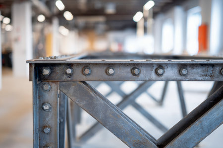 A clean, well-lit workshop features sturdy steel beams connected by large bolts, highlighting advanced structural components integral to large-scale manufacturing.の写真素材