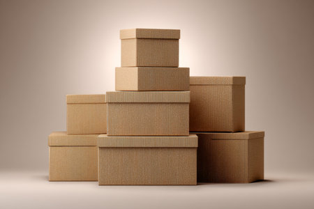 An organized display of assorted-sized cardboard containers stacked in a pyramid, exemplifying versatile solutions for shipping, storage, and organizational needs.の写真素材