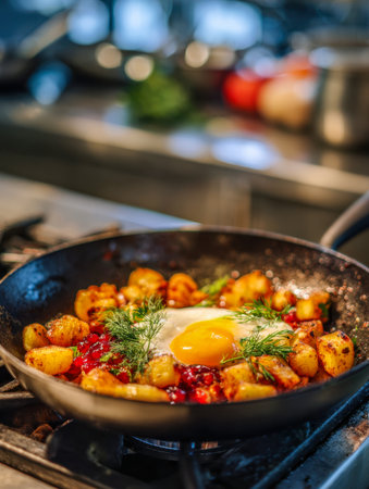 A warm, inviting scene of a breakfast skillet featuring a perfectly cooked egg atop crisp potatoes and fragrant herbs, all sizzling in a charming kitchen.の写真素材