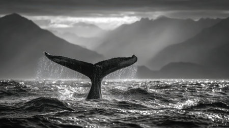 A powerful splash of a whale's tail interrupts the glistening waters, set against a shadowy mountain silhouette, evoking awe in striking grayscale contrasts.の写真素材