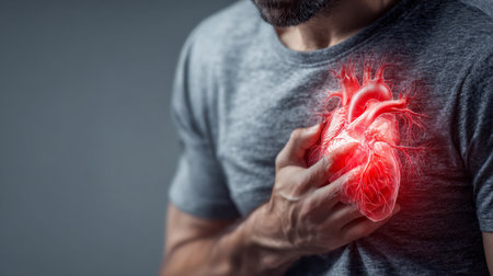 A worried man clutching his chest, with a glowing red illustration of heart anatomy overlaying his upper body, illustrating cardiovascular discomfort.の写真素材