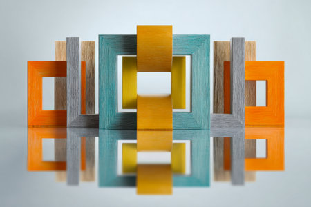 A vibrant display of wooden blocks in varied geometric forms, mirrored elegantly on a sleek surface, inspiring contemporary design and creative symmetry.の写真素材