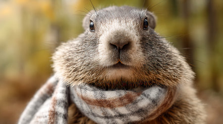 A charming groundhog, cheeks puffed out, snuggles in a decorative scarf amid golden foliage, evoking cozy autumn warmth in a gentle, blurred landscape.の写真素材