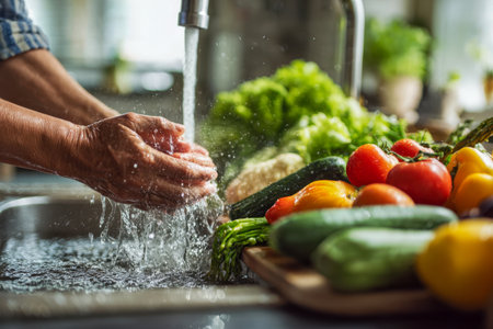 A hands-on approach to clean eating, with vibrant vegetables on a countertop as water flows, highlighting the importance of hygiene in nutritious meal prep.の写真素材