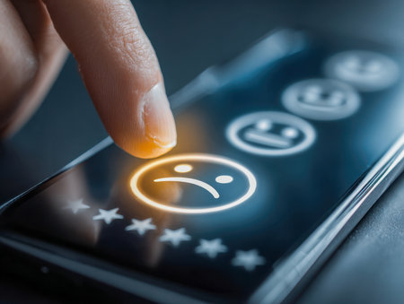 A individual taps a mournful emoji on their device, signaling dissatisfaction during an online review process, with soft-focused surroundings enhancing the scene's mの写真素材