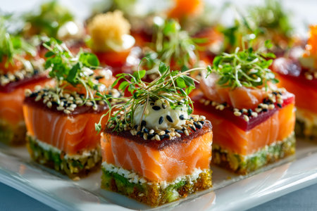 Delicate slices of salmon layered with crisp vegetables, smooth cheese, and vibrant microgreens, garnished with sesame seeds, elegantly arranged on a pristine whiteの写真素材