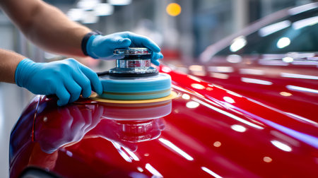 A technician in vibrant workshop carefully lighting buffs a car's vibrant red surface with a precision tool, rejuvenating its sleek, mirror-like finish.の写真素材