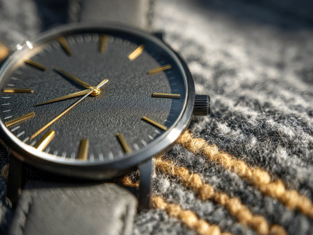 An intricate view of a sophisticated timepiece featuring gold highlights, delicately placed on a textured, striped knit fabric that exudes refined craftsmanship andの写真素材